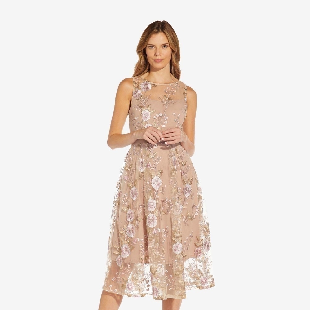 Adrianna Papell Floral Embroidered Flared Dress NWT Blush 6